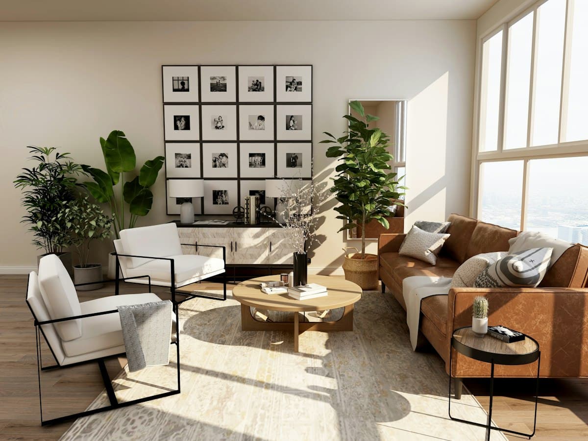 A sunlit living room with a sofa and plants